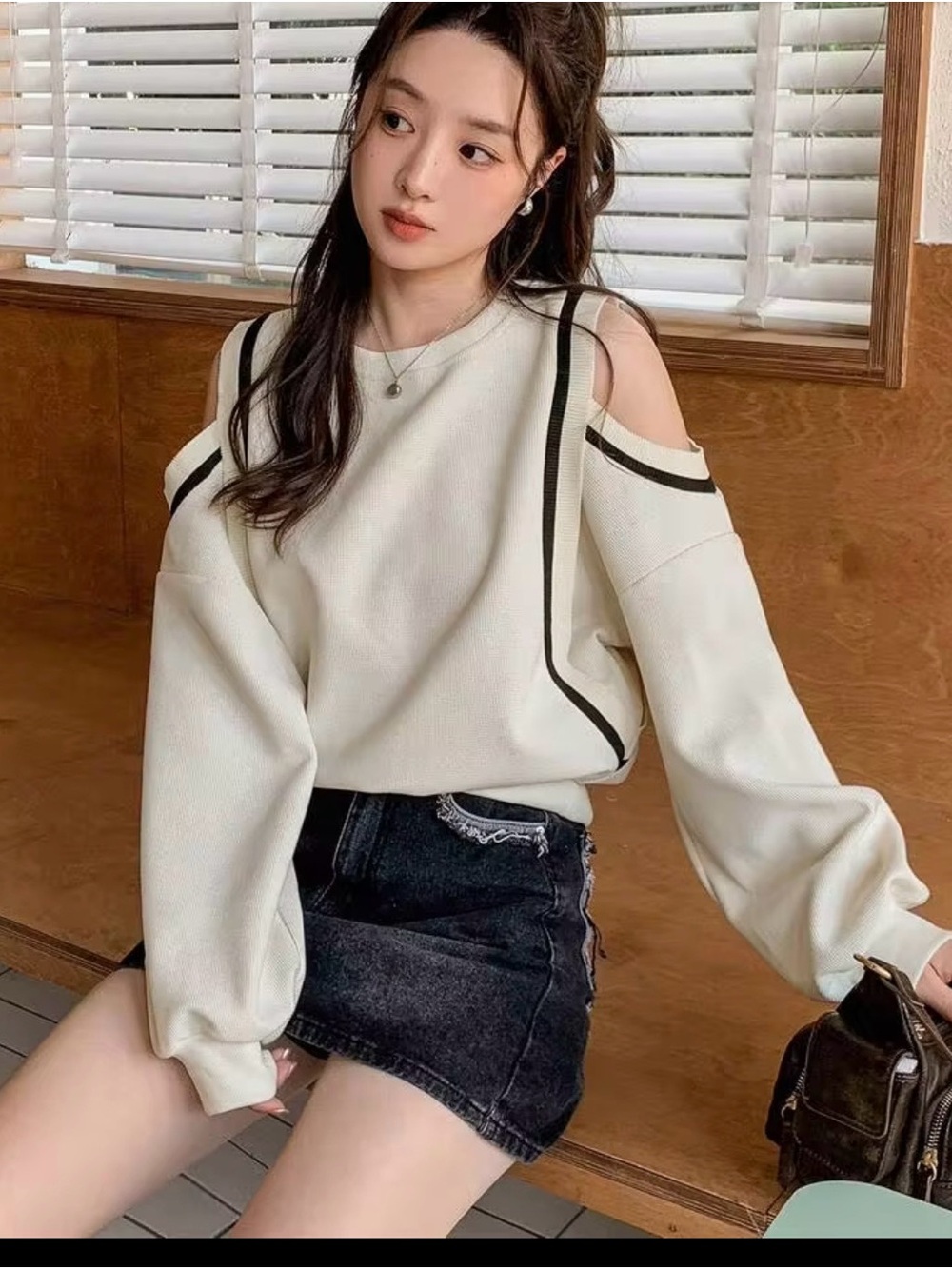 Dayz Cold-Shoulder, oversized Cream Sweater with Black Contrast Trim